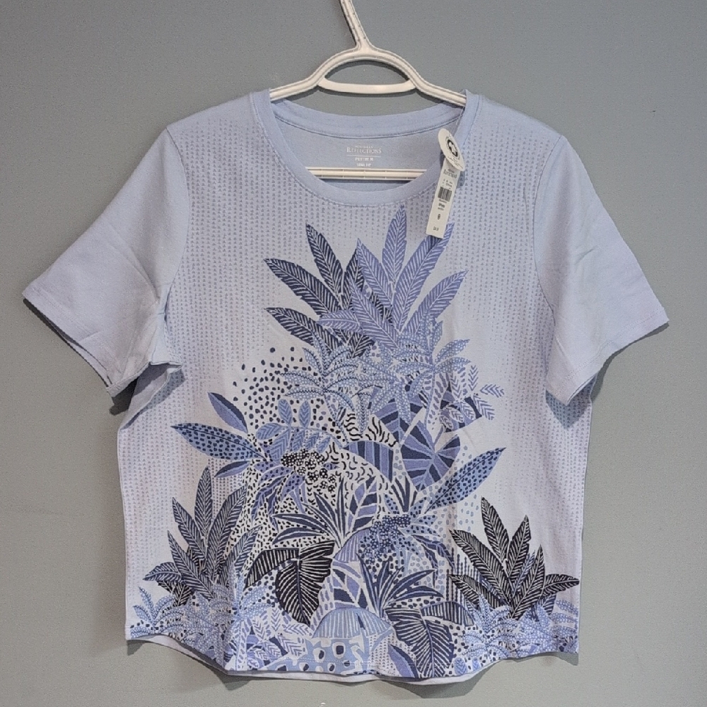 Northern Reflections Blue Patterned Semi Fit  Short Sleeve Top Petite M (XS-XL)